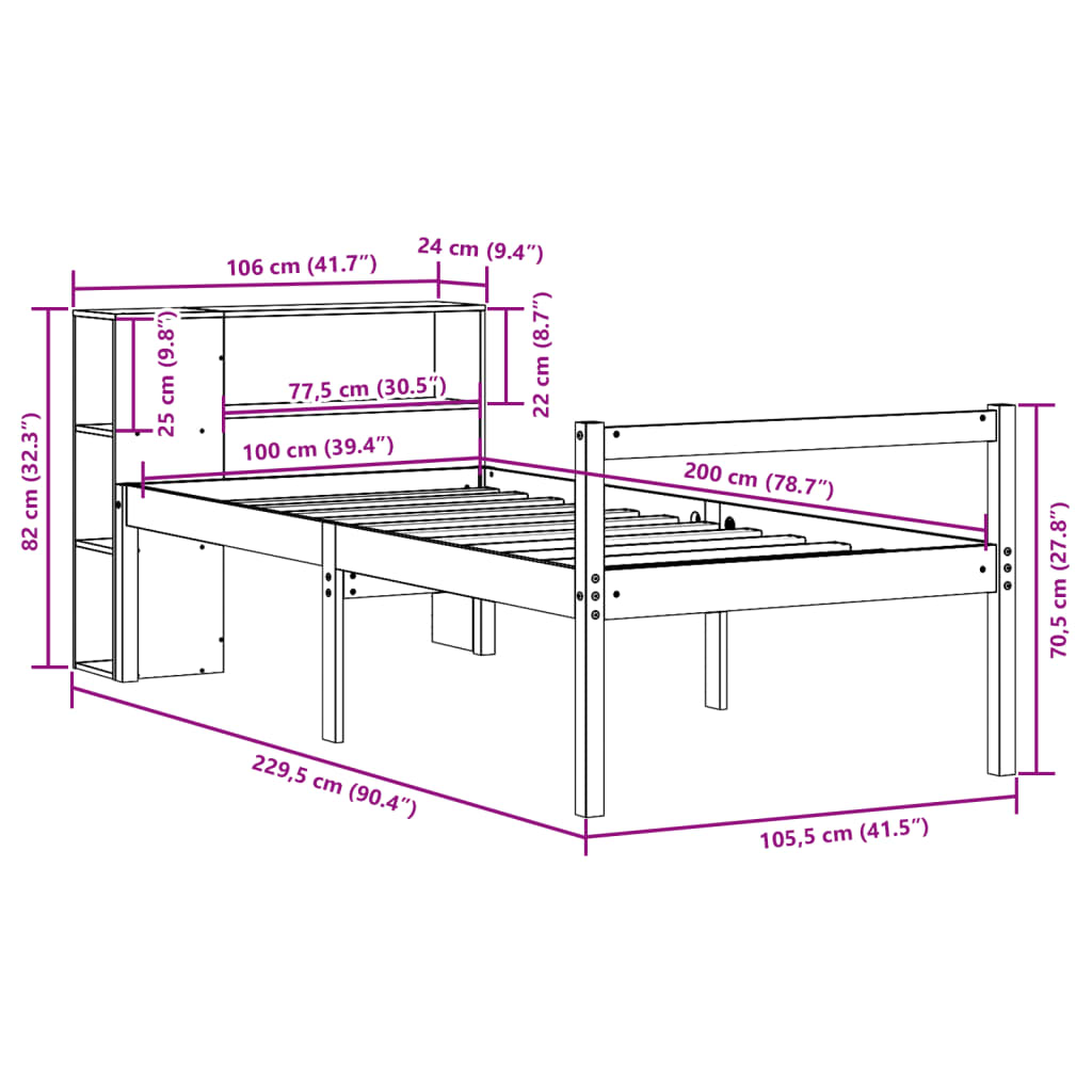 Seng Med Bokhylle Uten Madrass 100X200 Cm Heltre Furu