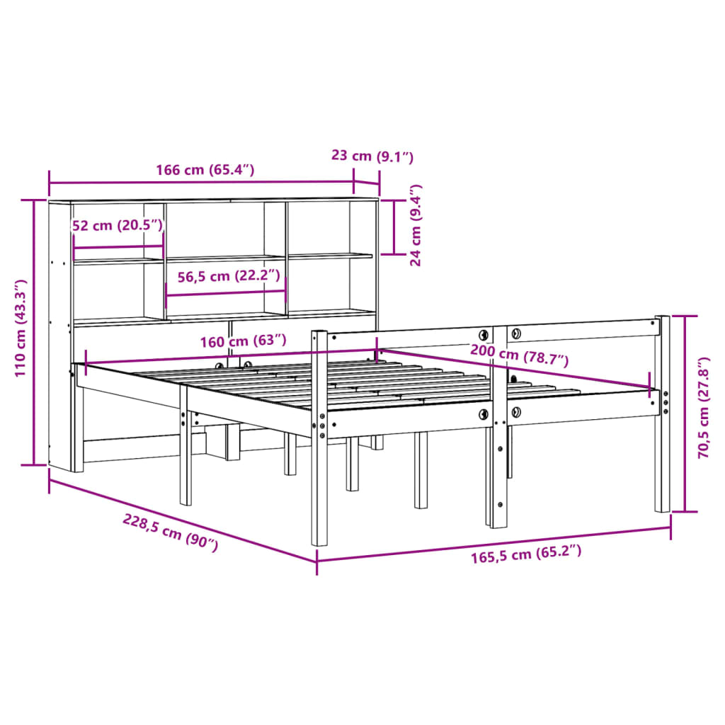 Seng Med Bokhylle Uten Madrass Hvit 160X200 Cm Heltre Furu