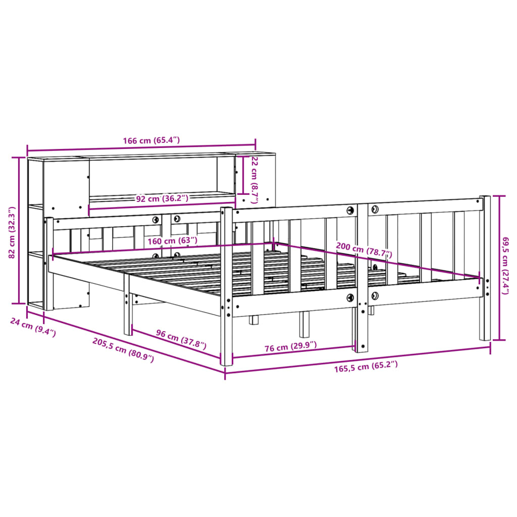 Seng Med Bokhylle Uten Madrass Hvit 160X200 Cm Heltre Furu