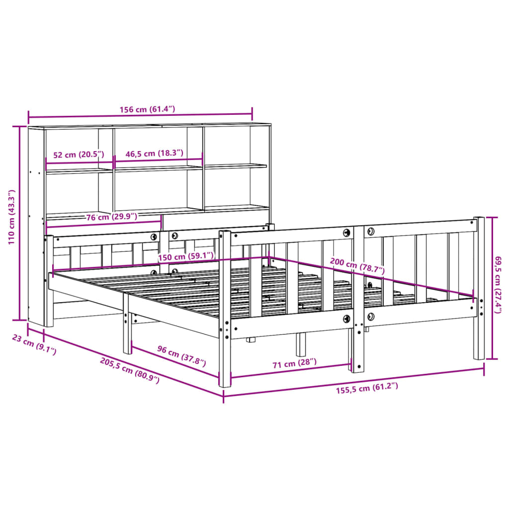 Seng Med Bokhylle Uten Madrass Hvit 160X200 Cm Heltre Furu