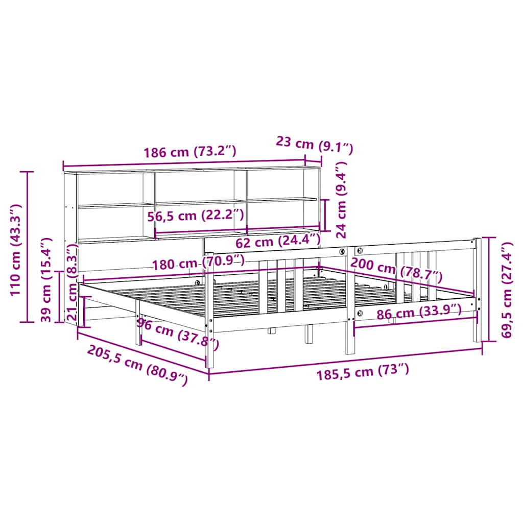 Seng Med Bokhylle Uten Madrass 180X200 Cm Heltre Furu