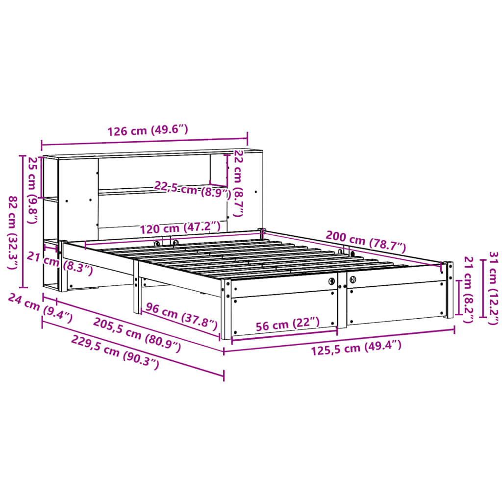 Seng Med Bokhylle Uten Madrass Hvit 120X200 Cm Heltre Furu