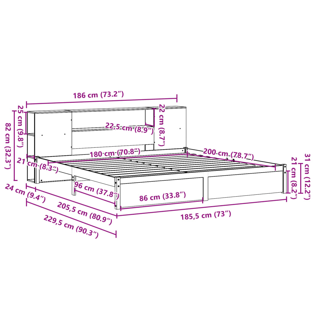 Seng Med Bokhylle Uten Madrass 180X200 Cm Heltre Furu