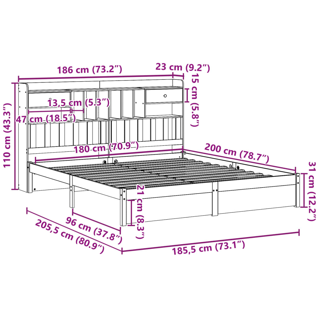 Seng Med Bokhylle Uten Madrass 180X200 Cm Heltre Furu