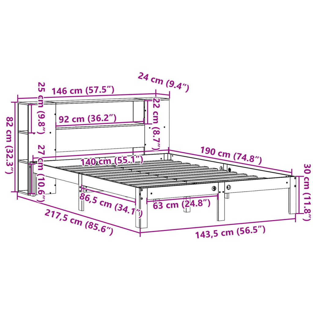 Seng Med Bokhylle Uten Madrass Hvit 140X190 Cm Heltre Furu