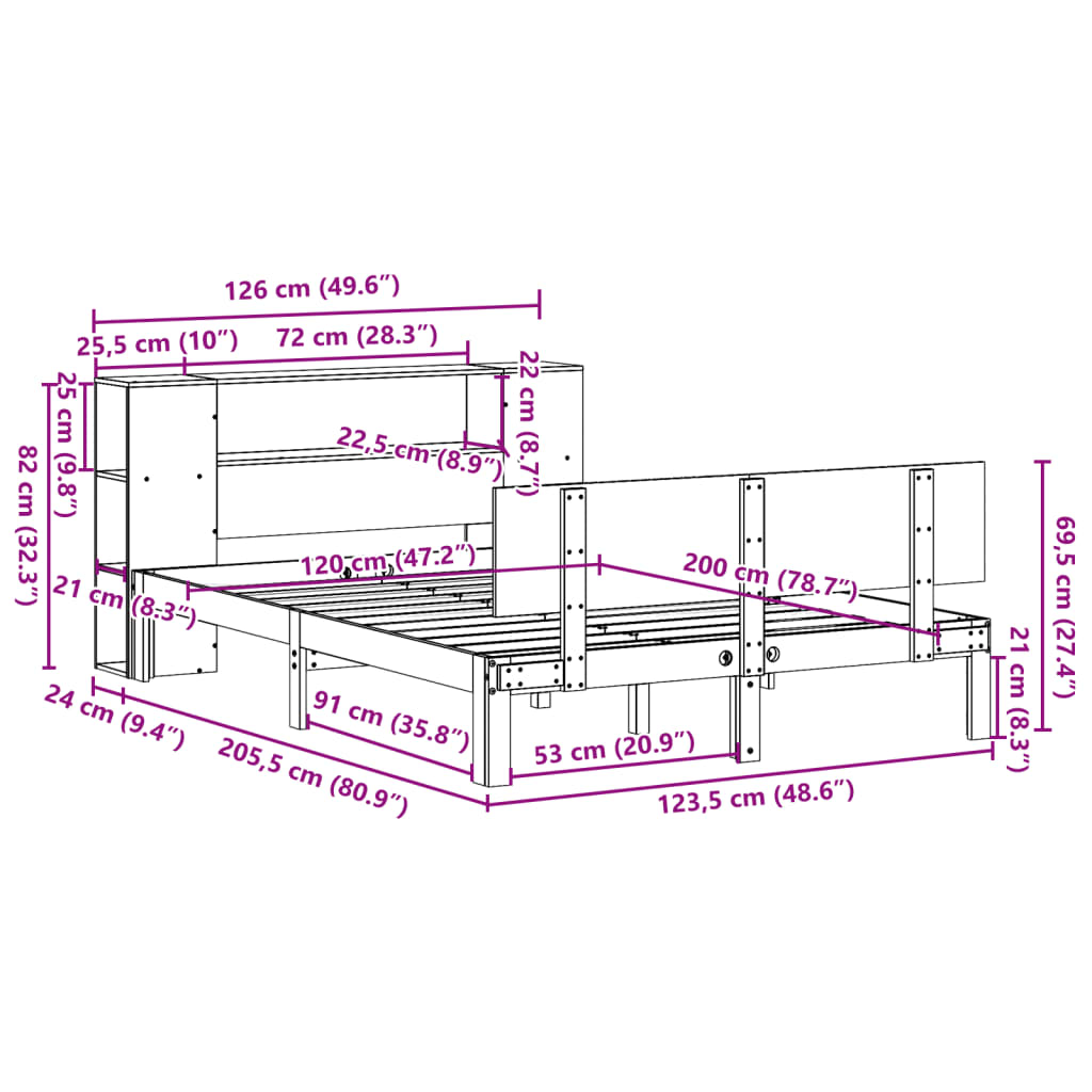 Seng Med Bokhylle Uten Madrass 120X200 Cm Heltre Furu