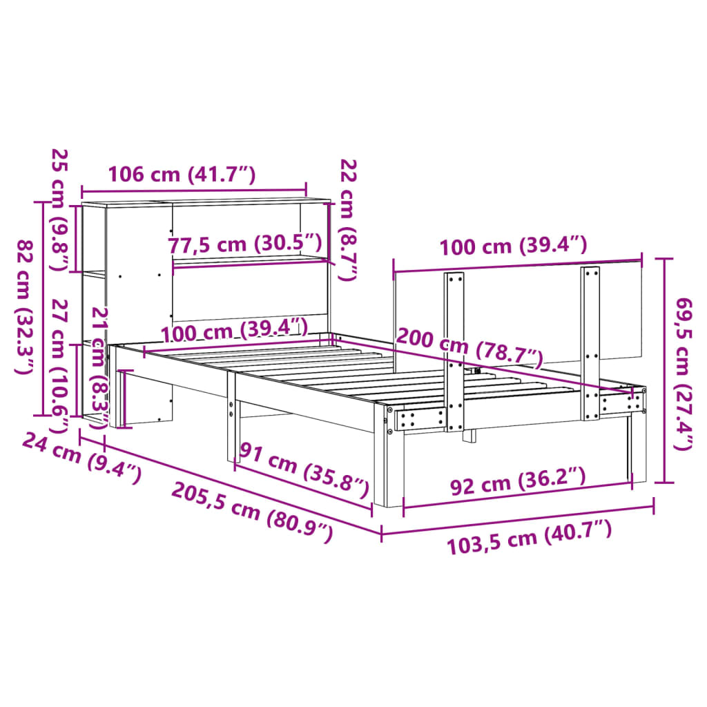 Seng Med Bokhylle Uten Madrass Hvit 100X200 Cm Heltre Furu