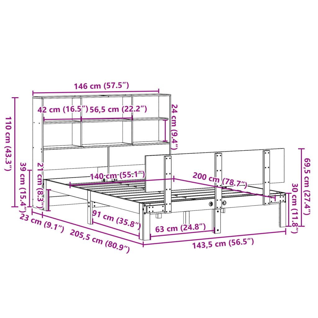 Seng Med Bokhylle Uten Madrass 140X200 Cm Heltre Furu