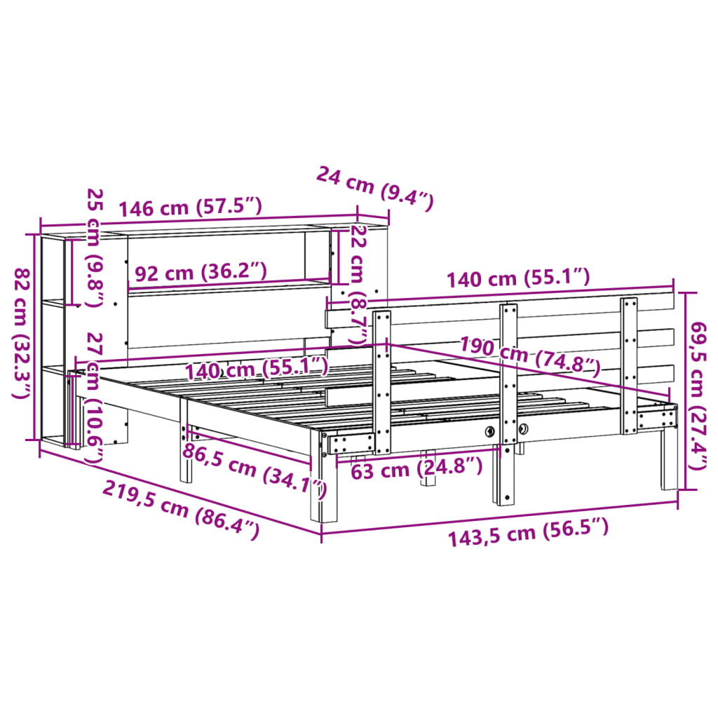 Seng Med Bokhylle Uten Madrass Hvit 140X190 Cm Heltre Furu