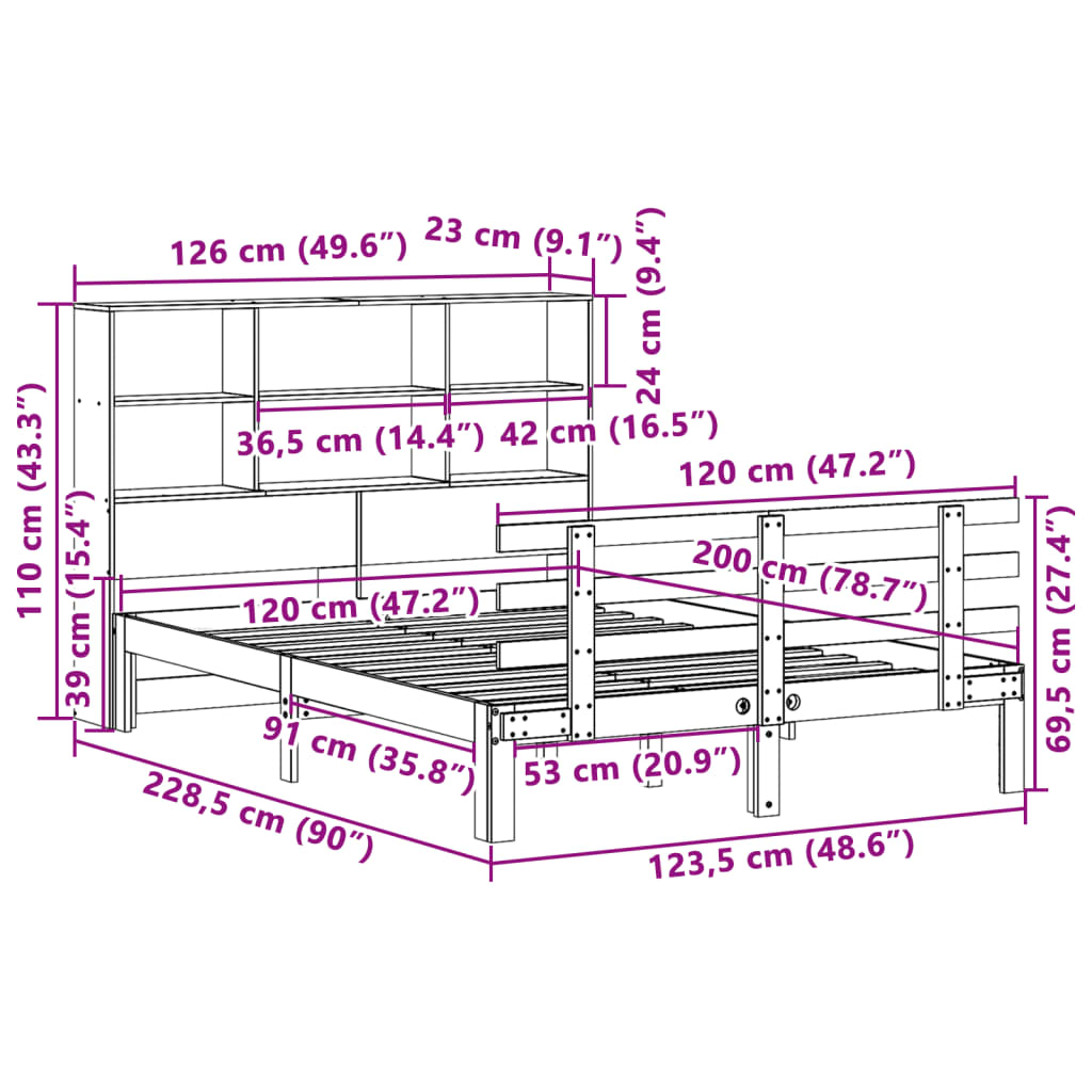 Seng Med Bokhylle Uten Madrass 120X200 Cm Heltre Furu