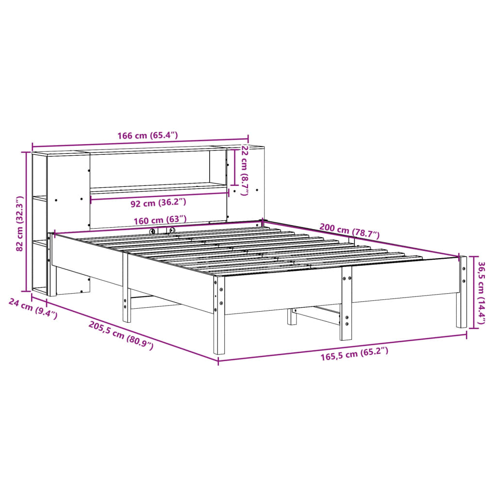 Seng Med Bokhylle Uten Madrass Hvit 160X200 Cm Heltre Furu