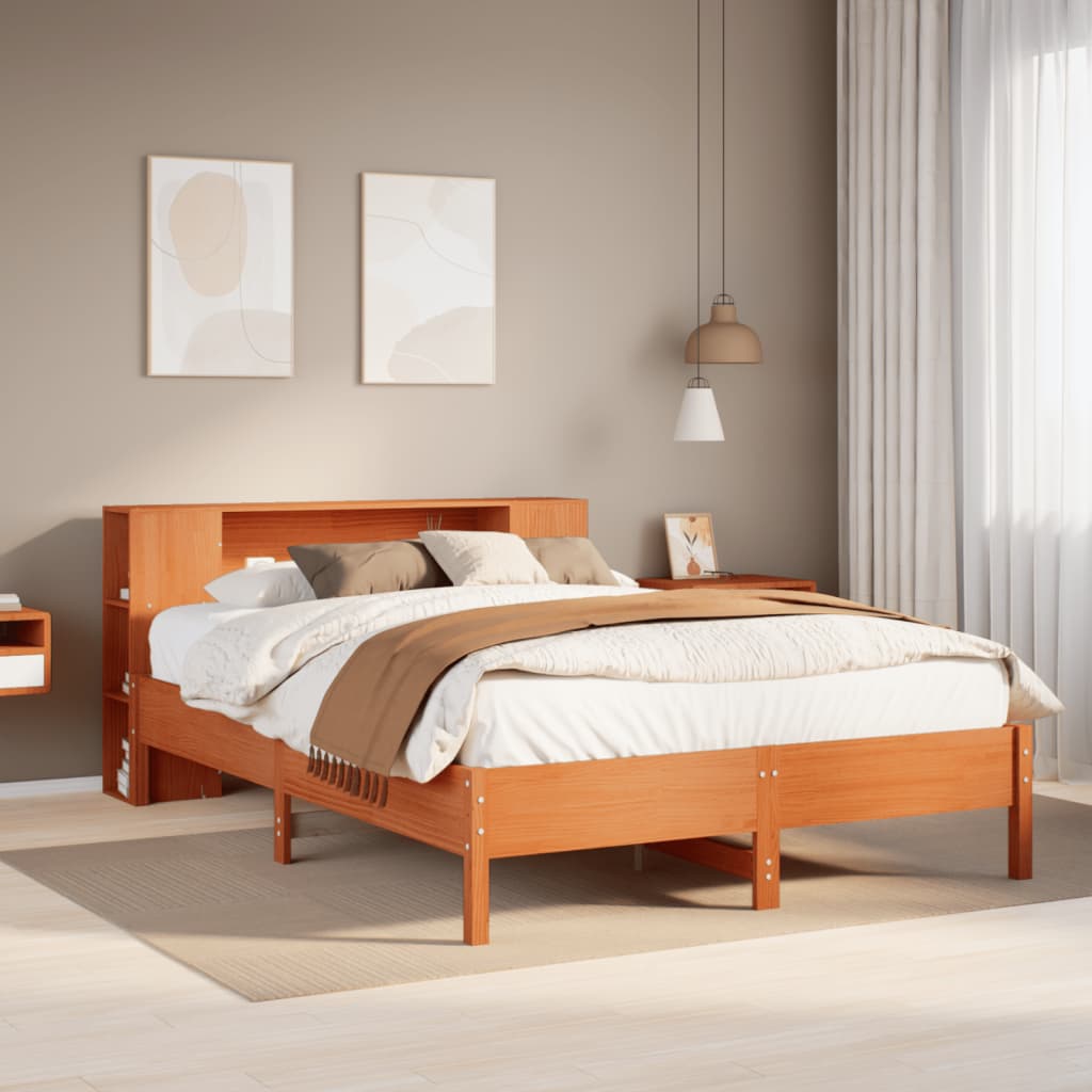 Seng Med Bokhylle Uten Madrass Voksbrun 140X200 Cm Heltre Furu
