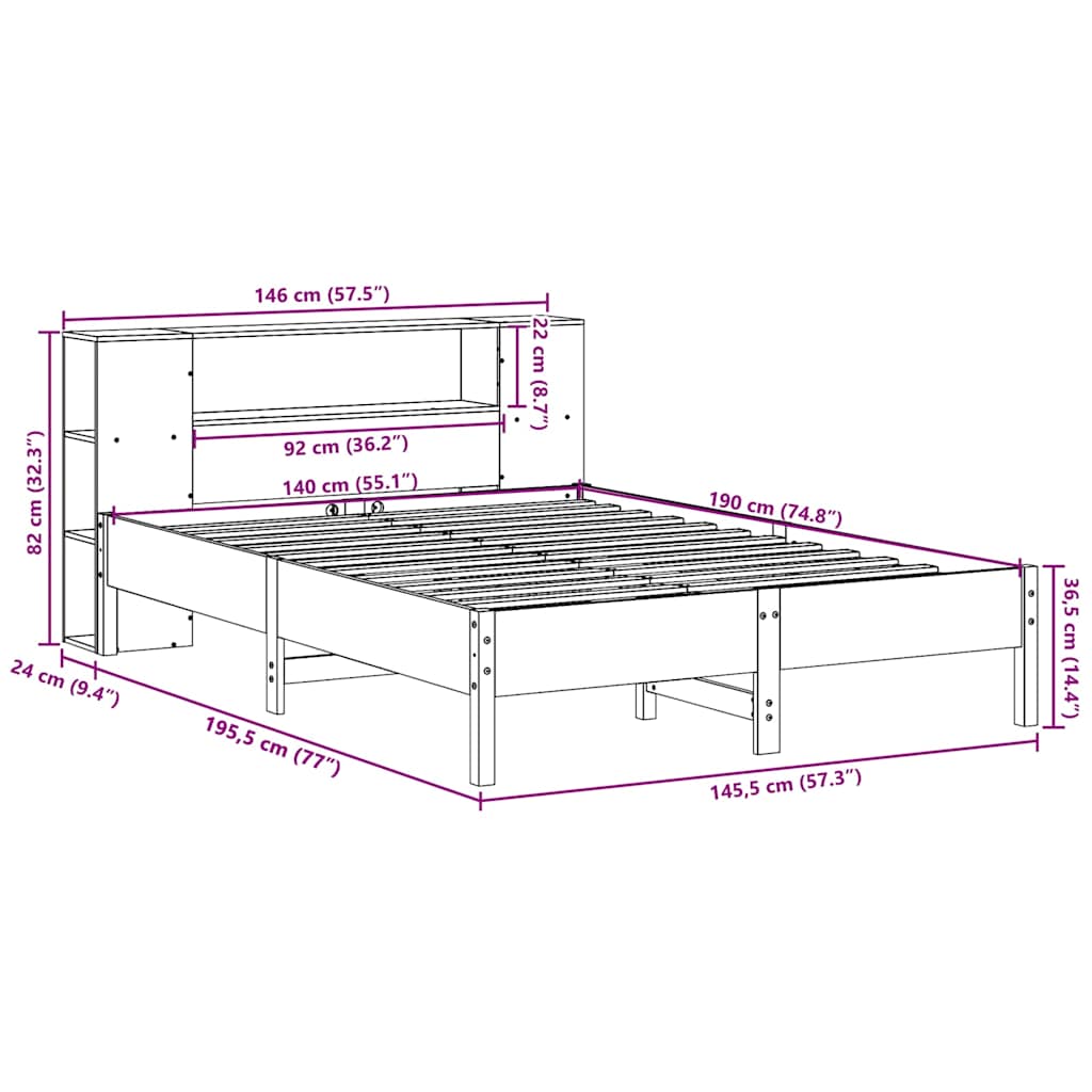 Seng Med Bokhylle Uten Madrass Hvit 140X190 Cm Heltre Furu