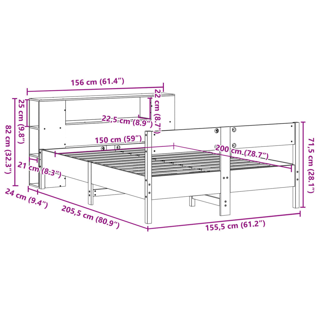 Seng Med Bokhylle Uten Madrass Hvit 150X200 Cm Heltre Furu