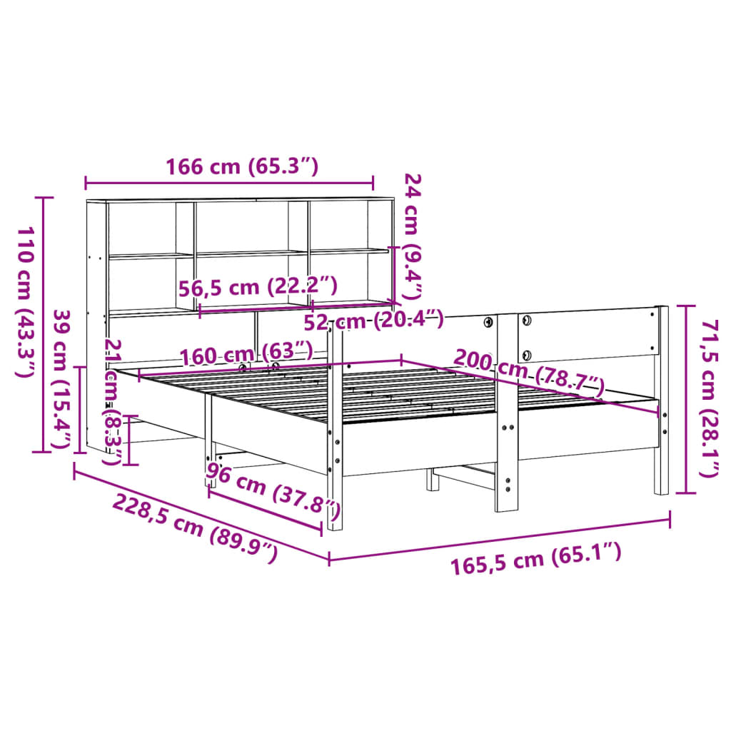 Seng Med Bokhylle Uten Madrass Hvit 160X200 Cm Heltre Furu