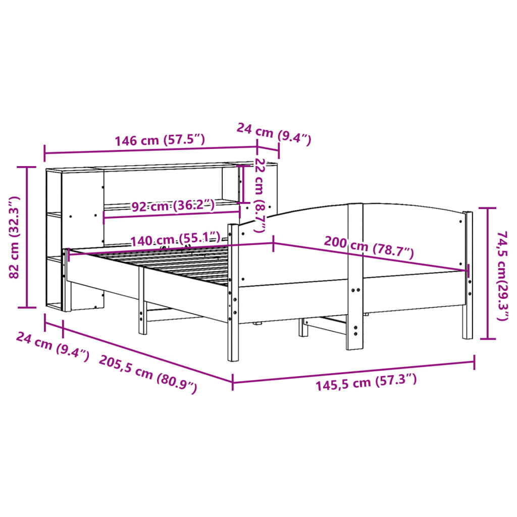 Seng Med Bokhylle Uten Madrass Hvit 140X200 Cm Heltre Furu