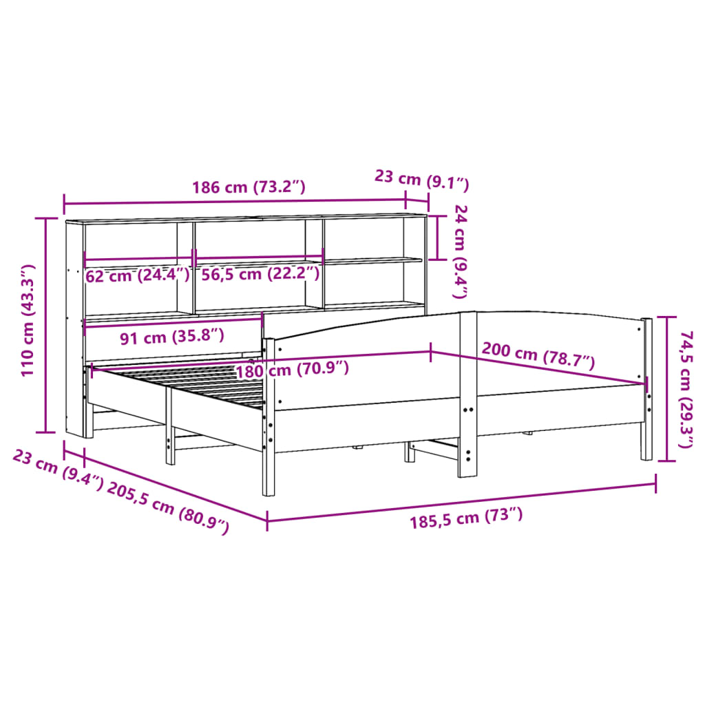 Seng Med Bokhylle Uten Madrass 180X200 Cm Heltre Furu