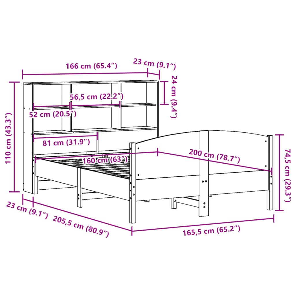 Seng Med Bokhylle Uten Madrass Hvit 160X200 Cm Heltre Furu