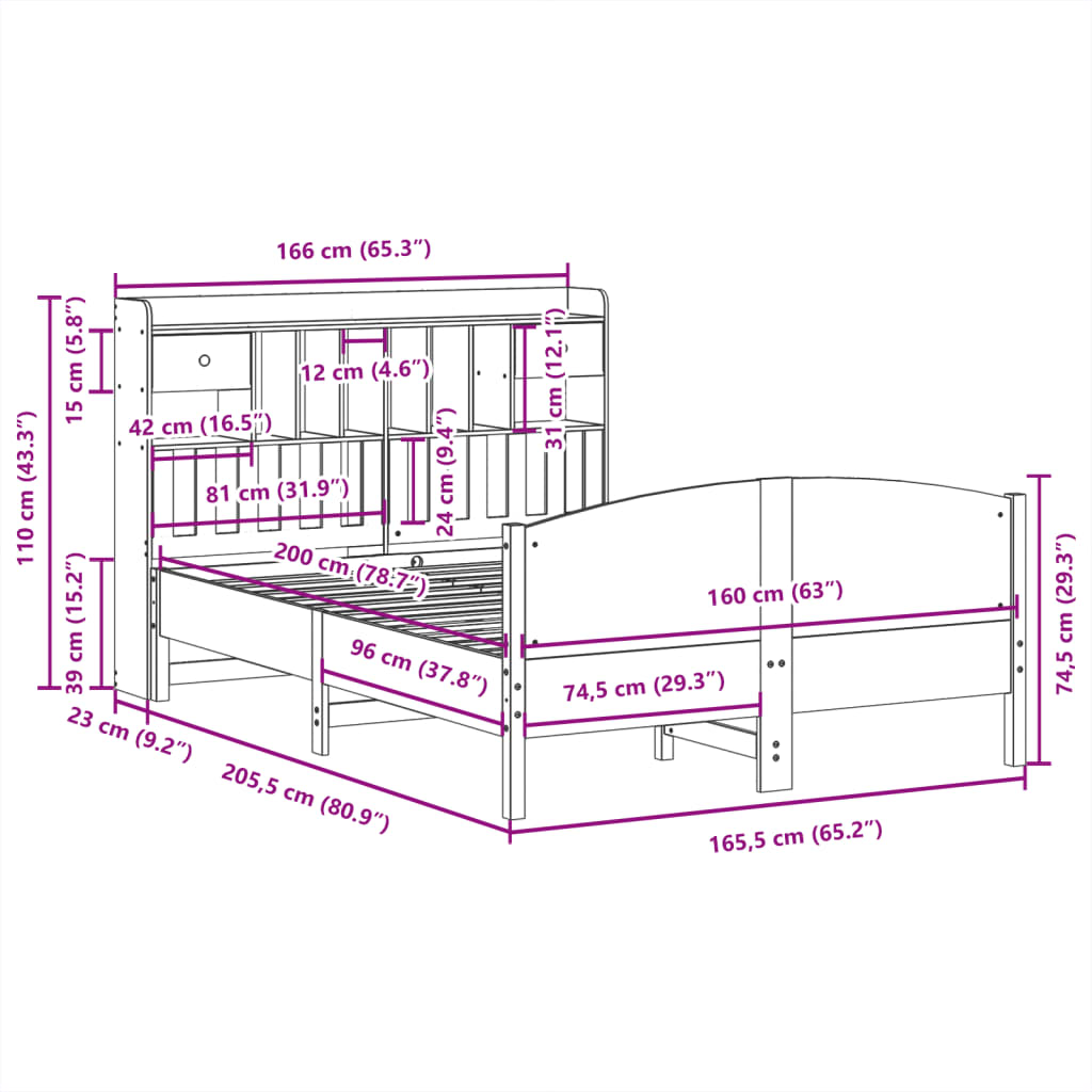 Seng Med Bokhylle Uten Madrass Hvit 160X200 Cm Heltre Furu