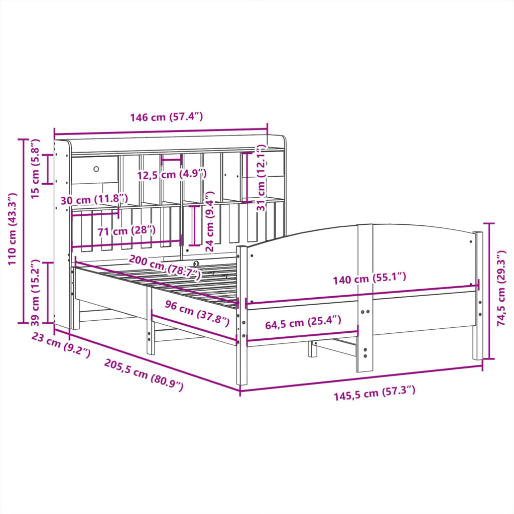 Seng Med Bokhylle Uten Madrass Hvit 140X200 Cm Heltre Furu
