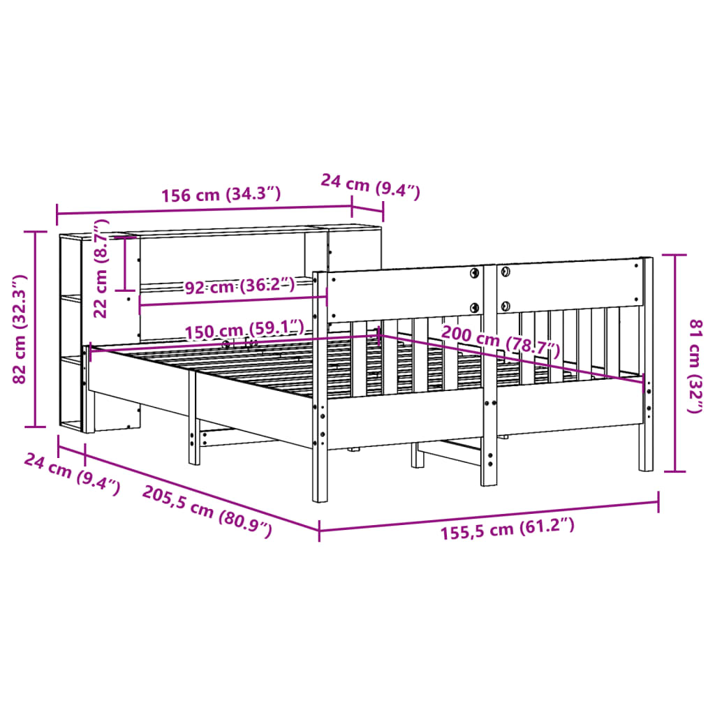 Seng Med Bokhylle Uten Madrass Hvit 150X200 Cm Heltre Furu