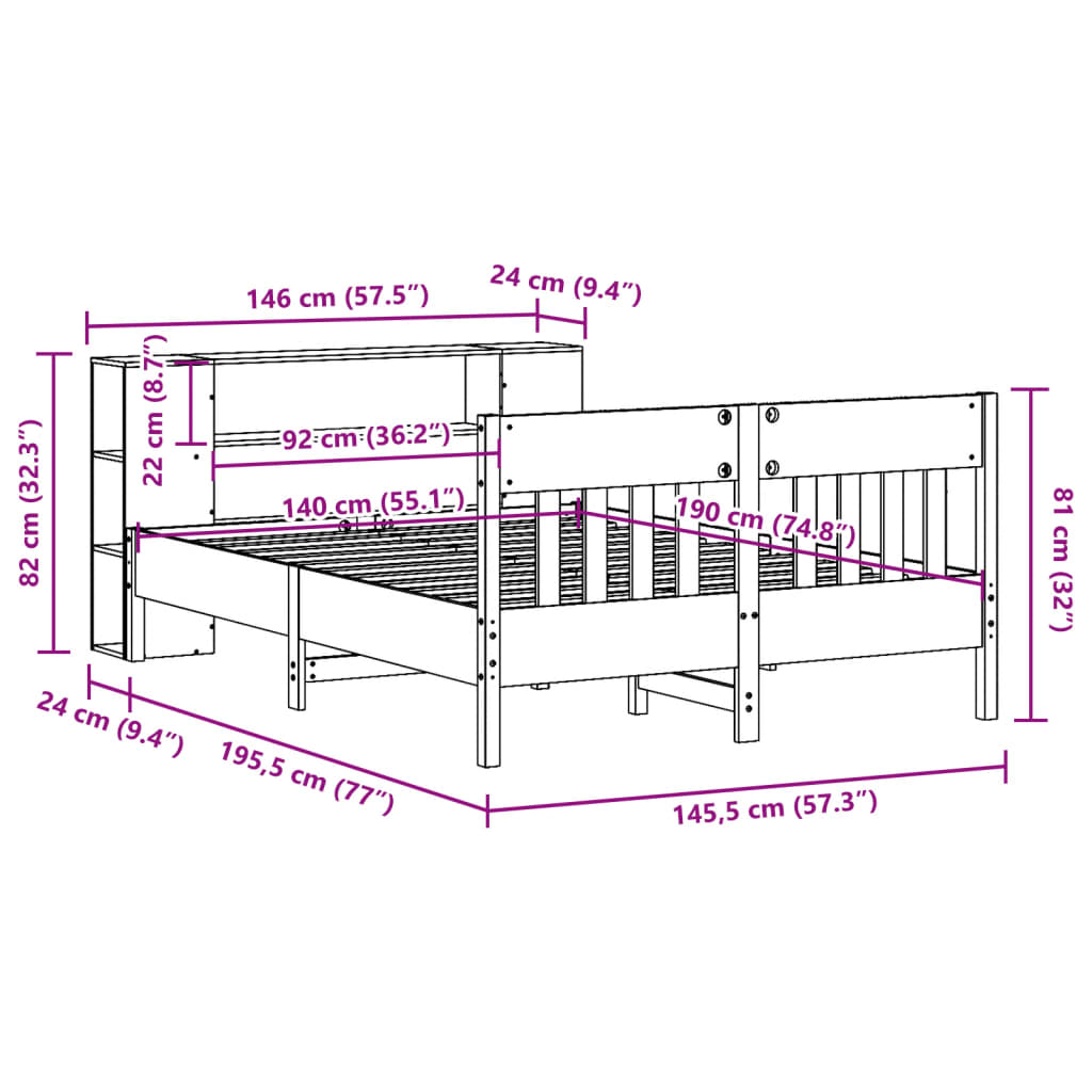 Seng Med Bokhylle Uten Madrass Hvit 140X190 Cm Heltre Furu