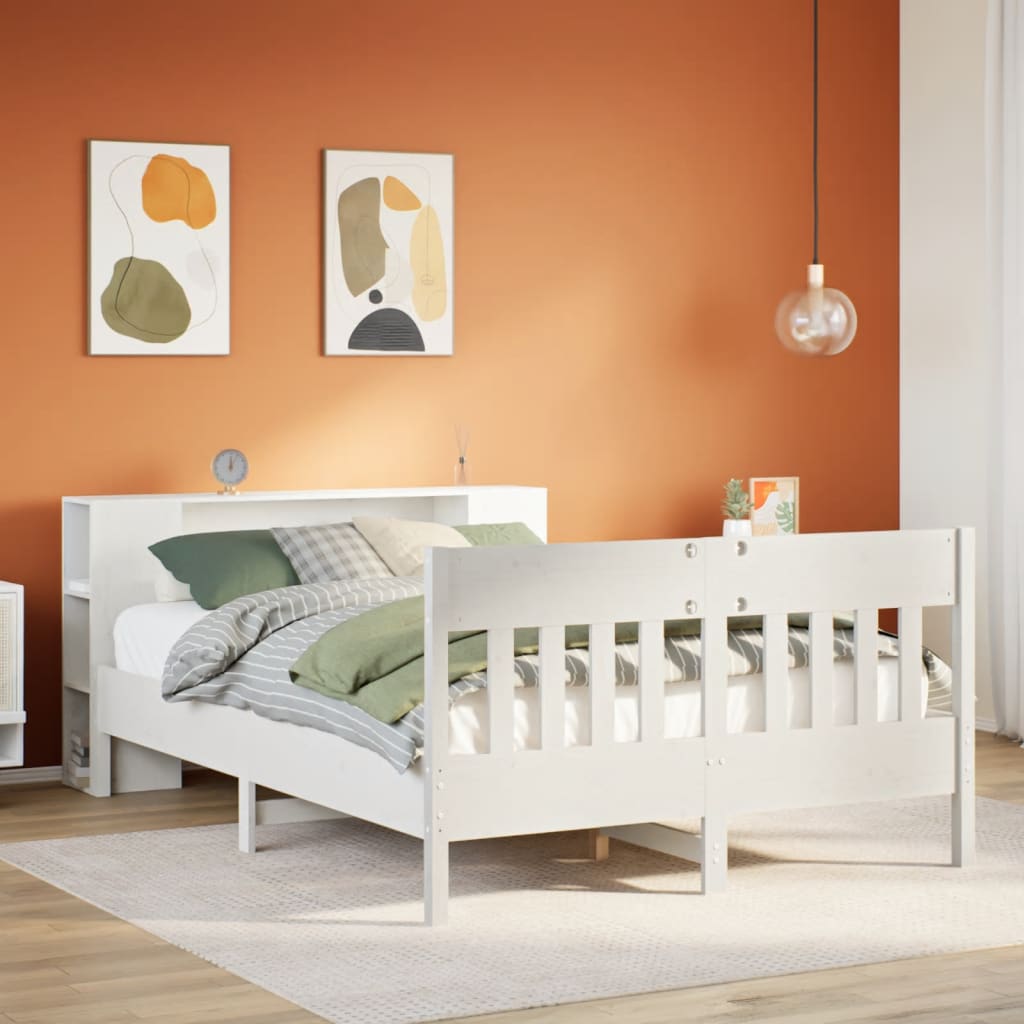 Seng Med Bokhylle Uten Madrass Hvit 140X190 Cm Heltre Furu