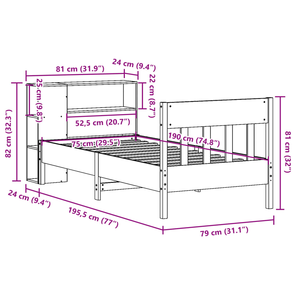 Seng Med Bokhylle Uten Madrass Hvit 75X190 Cm Heltre Furu