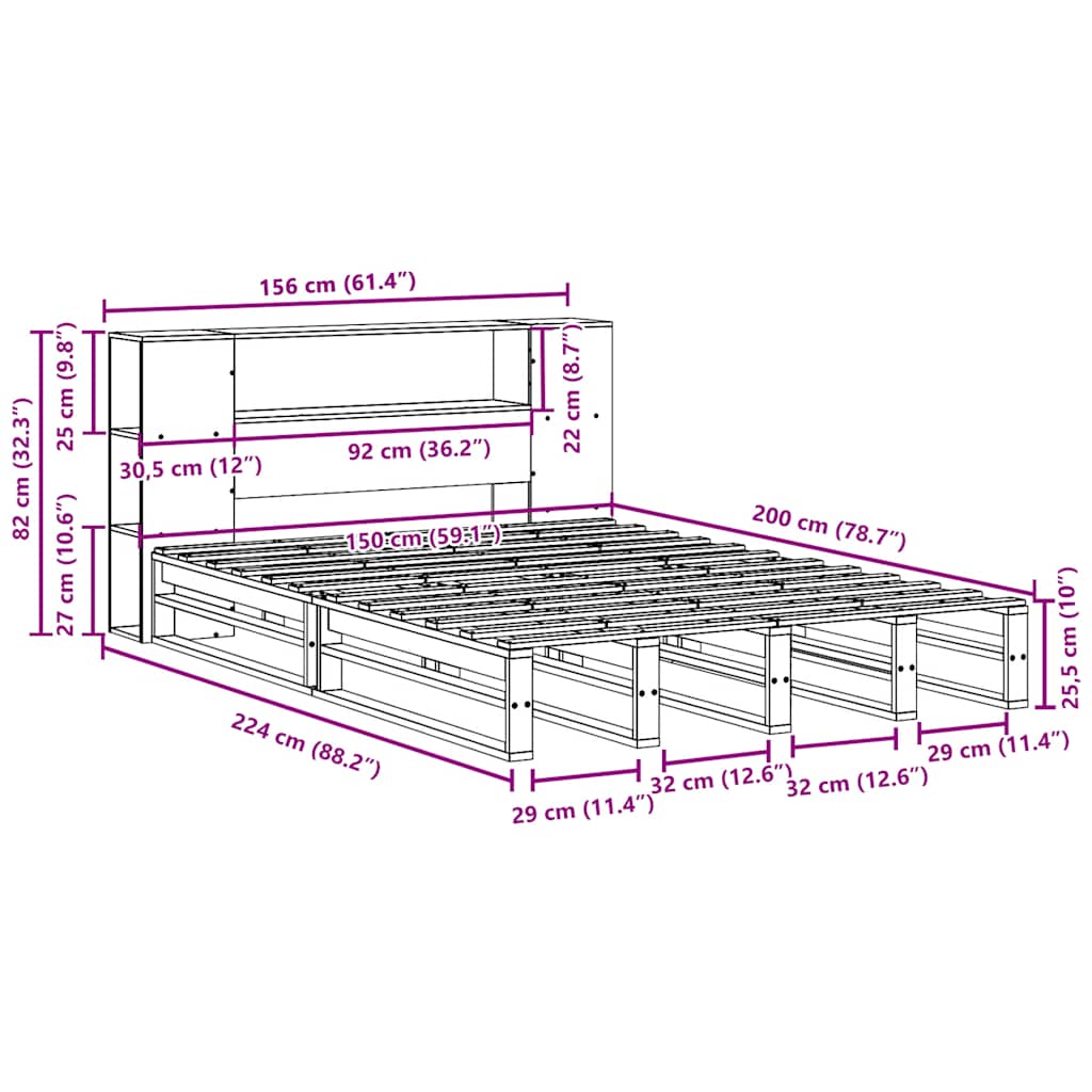 Seng Med Bokhylle Uten Madrass Hvit 150X200 Cm Heltre