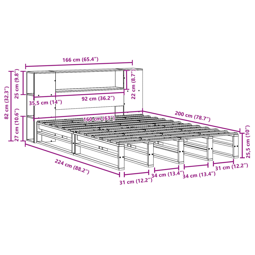 Seng Med Bokhylle Uten Madrass Hvit 160X200 Cm Heltre