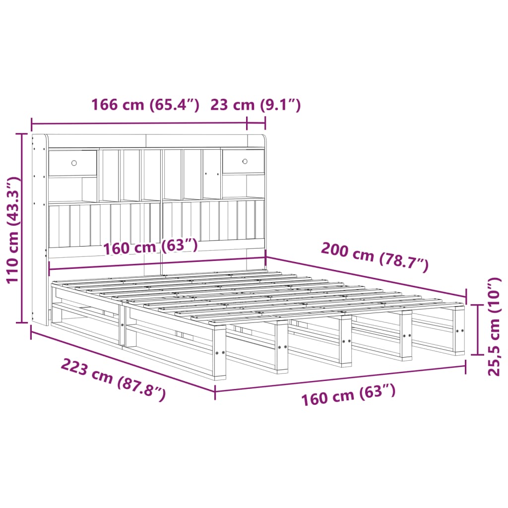 Seng Med Bokhylle Uten Madrass Hvit 160X200 Cm Heltre Furu