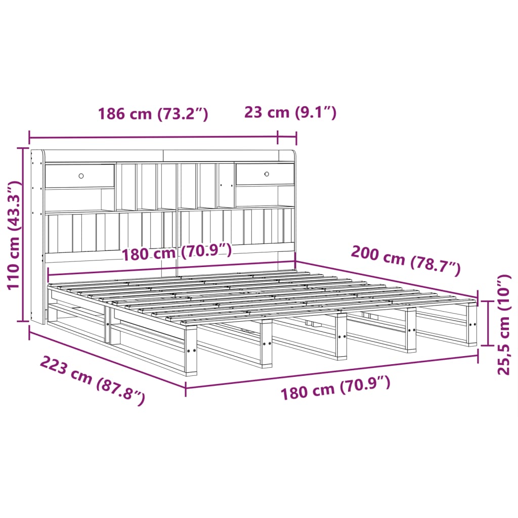 Seng Med Bokhylle Uten Madrass Hvit 180X200 Cm Heltre Furu