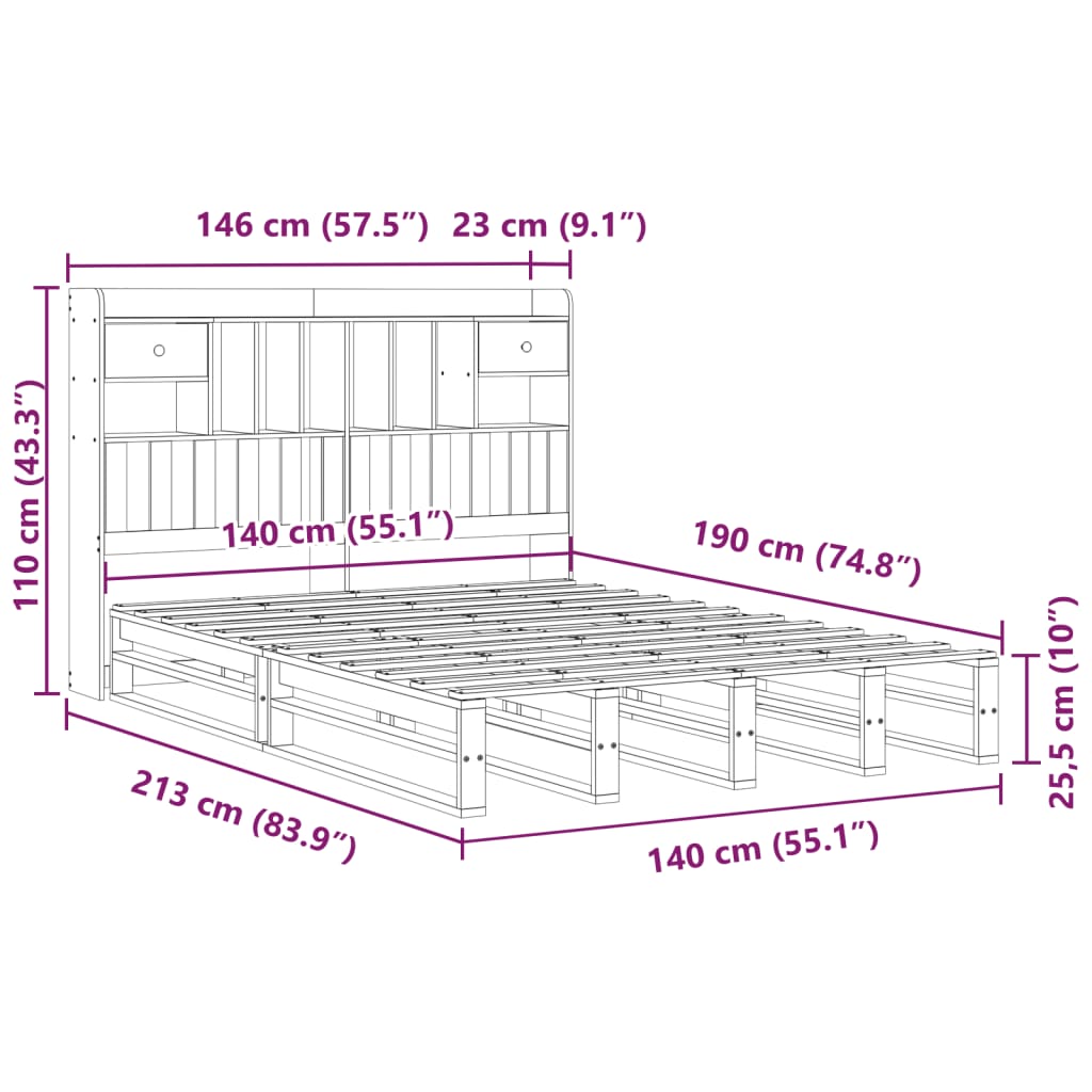 Seng Med Bokhylle Uten Madrass Hvit 140X190 Cm Heltre Furu