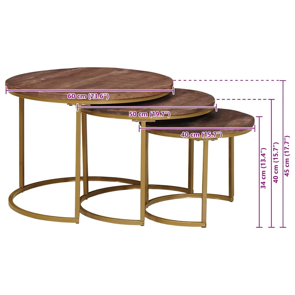 Nestende Kaffebord 3 Pcs Mørk Brun Massivt Mangotre Og Stål