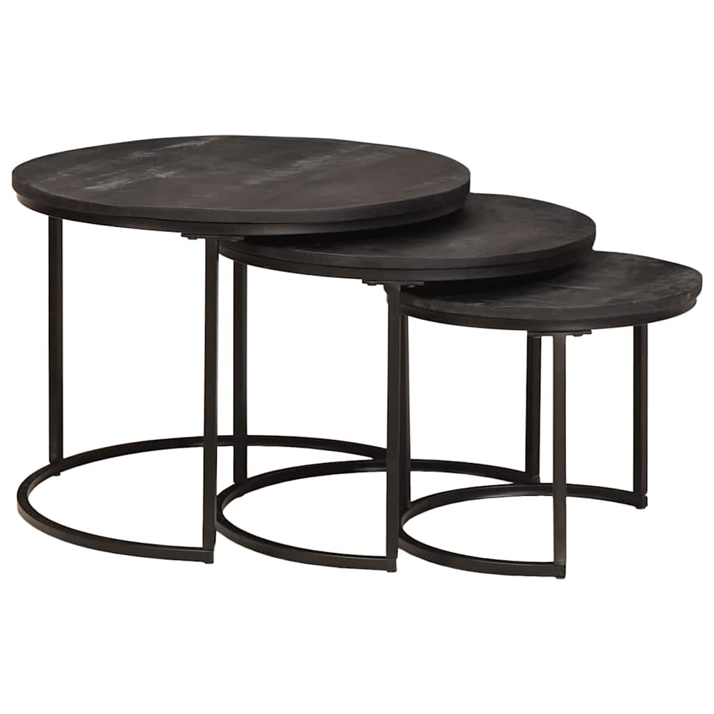 Nestende Kaffebord 3 Pcs Svart Massivt Mangotre Og Stål