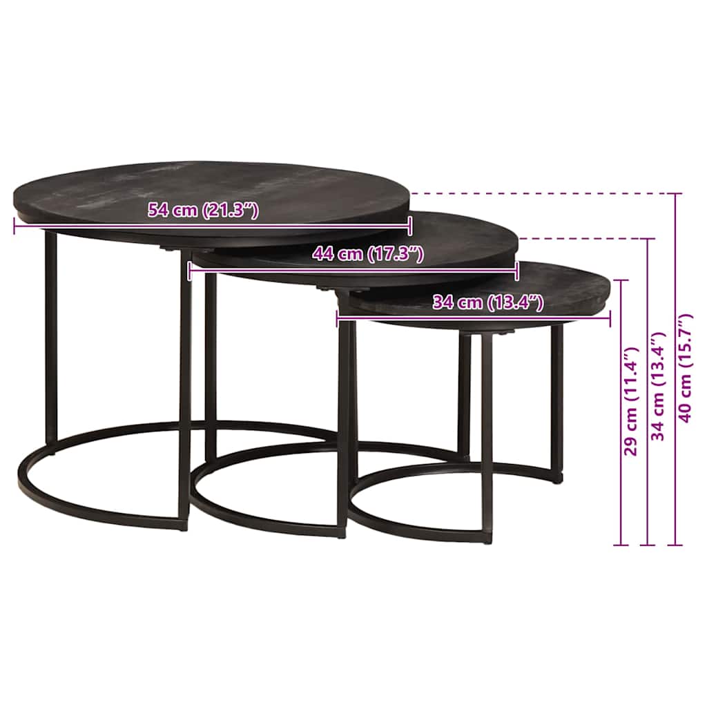 Nestende Kaffebord 3 Pcs Svart Massivt Mangotre Og Stål