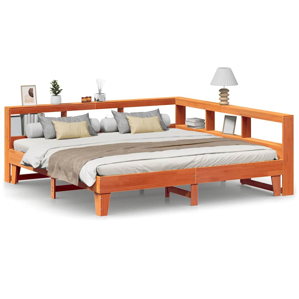 Seng Med Bokhylle Uten Madrass Voksbrun 200X200 Cm Heltre Furu