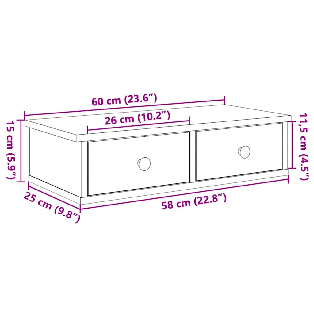 Vegghylle Med Skuffer Svart 60X28X15 Cm Konstruert Tre