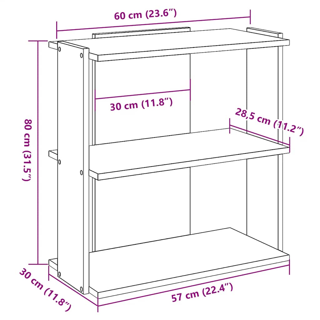 Bokhylle 3 Etasjer Hvit 60X30X80 Cm Konstruert Tre