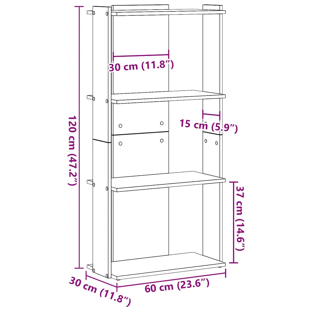 Bokhylle 3 Etasjer Hvit 60X30X120 Cm Konstruert Tre