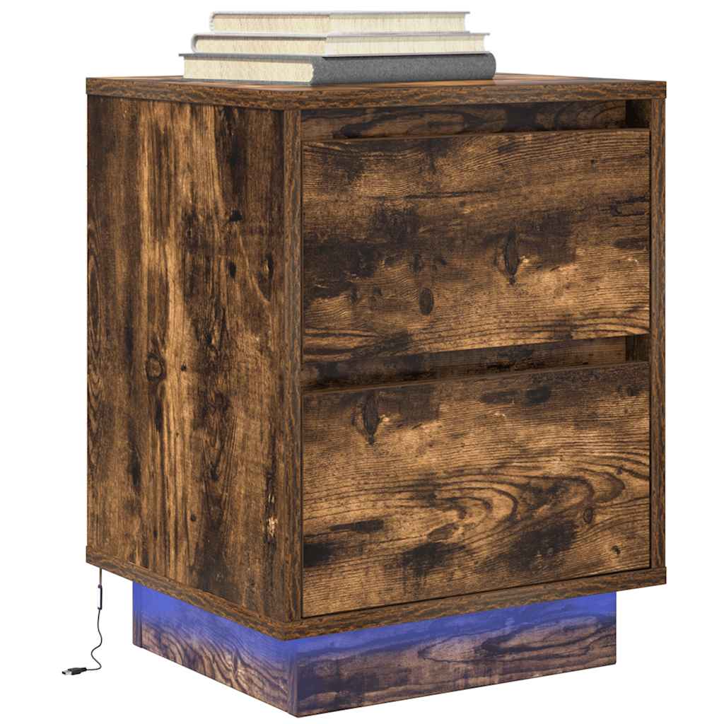 Nattskap Med Led-Lys 2 Stk Røkt Eik 38X34X50 Cm