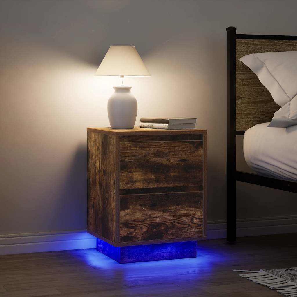 Nattskap Med Led-Lys 2 Stk Røkt Eik 38X34X50 Cm