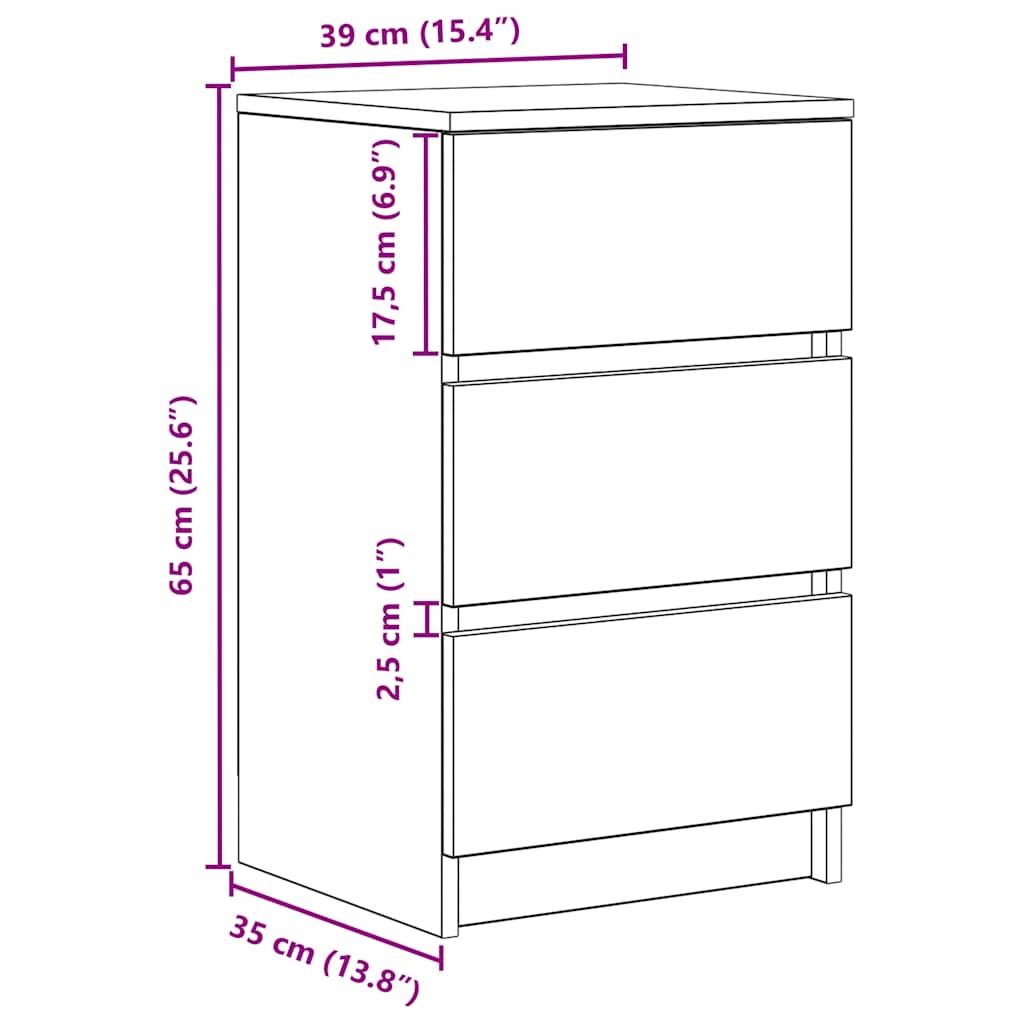 Nattskap Med 3 Skuffer Gammelt Tre 39X35X65 Cm