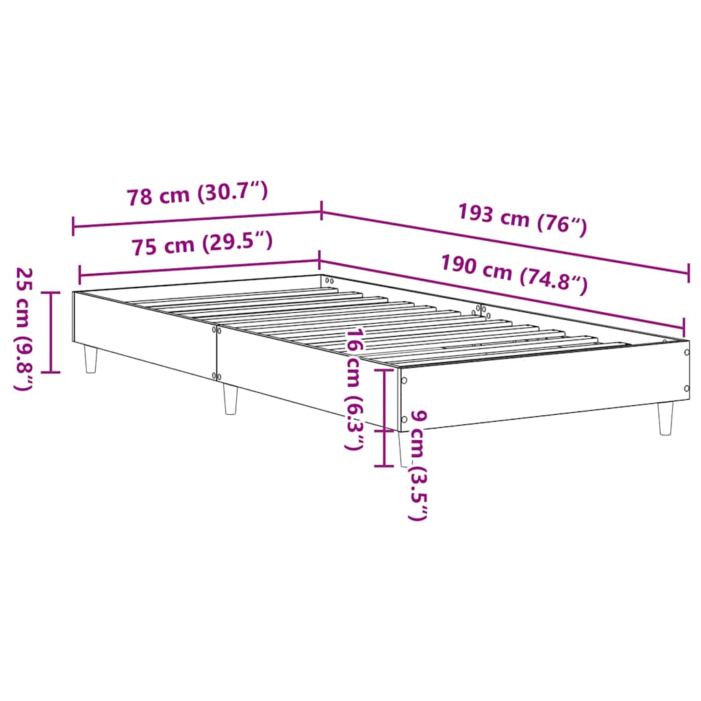 Sengeramme Uten Madrass Grå Sonoma 75X190 Cm Konstruert Tre