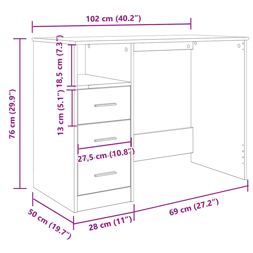 Skrivebord Med Skuffer Svart Eik 102X50X76 Cm Konstruert Tre
