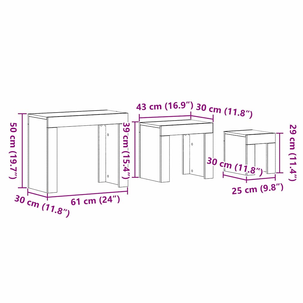 Stablingsbord 3 Pcs Svart Eik Konstruert Tre