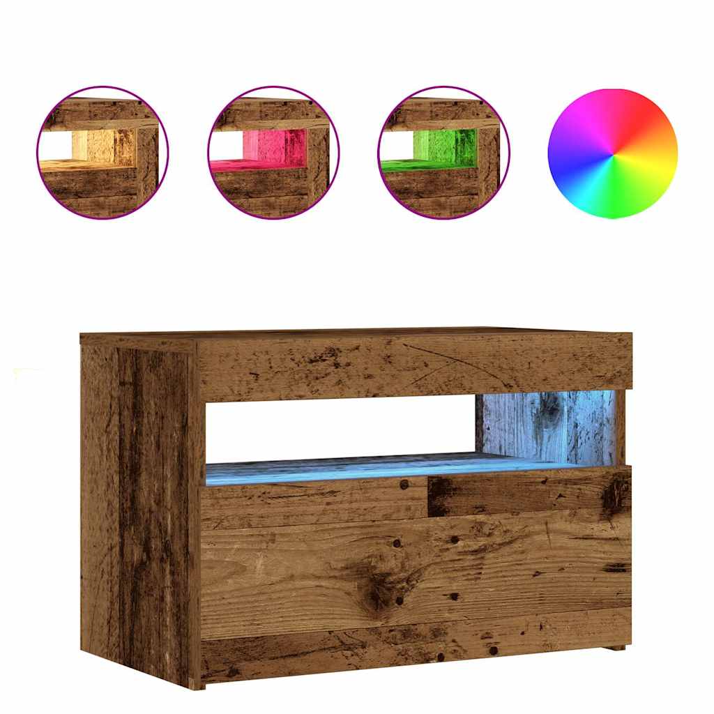 Nattbord Med Led-Lys Gammelt Tre 60X35X40 Cm Konstruert Tre