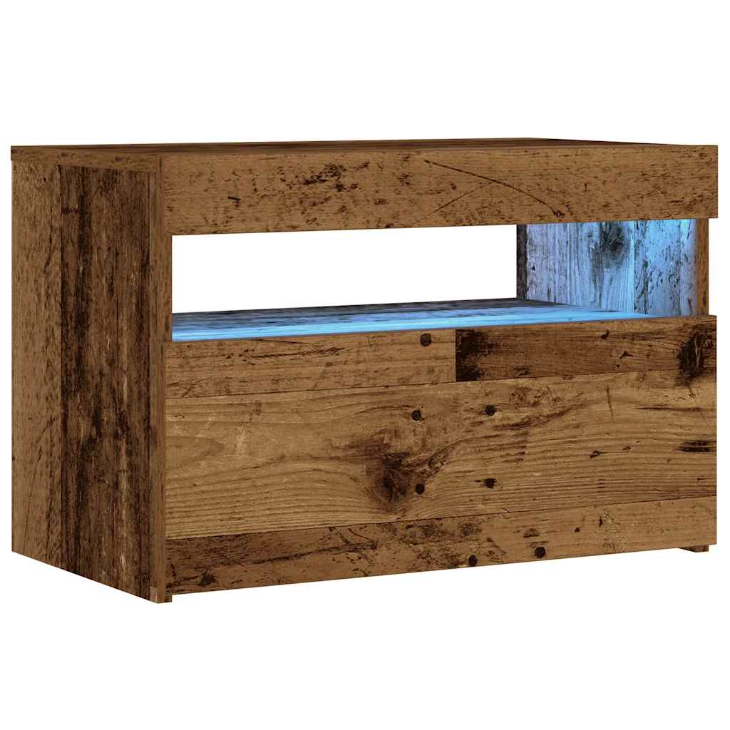 Nattbord Med Led-Lys Gammelt Tre 60X35X40 Cm Konstruert Tre