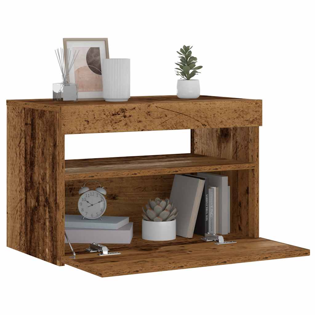Nattbord Med Led-Lys Gammelt Tre 60X35X40 Cm Konstruert Tre