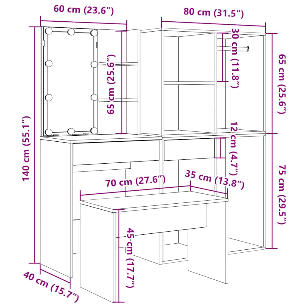 Sminkebordsett Med Led Gammelt Tre Konstruert Tre